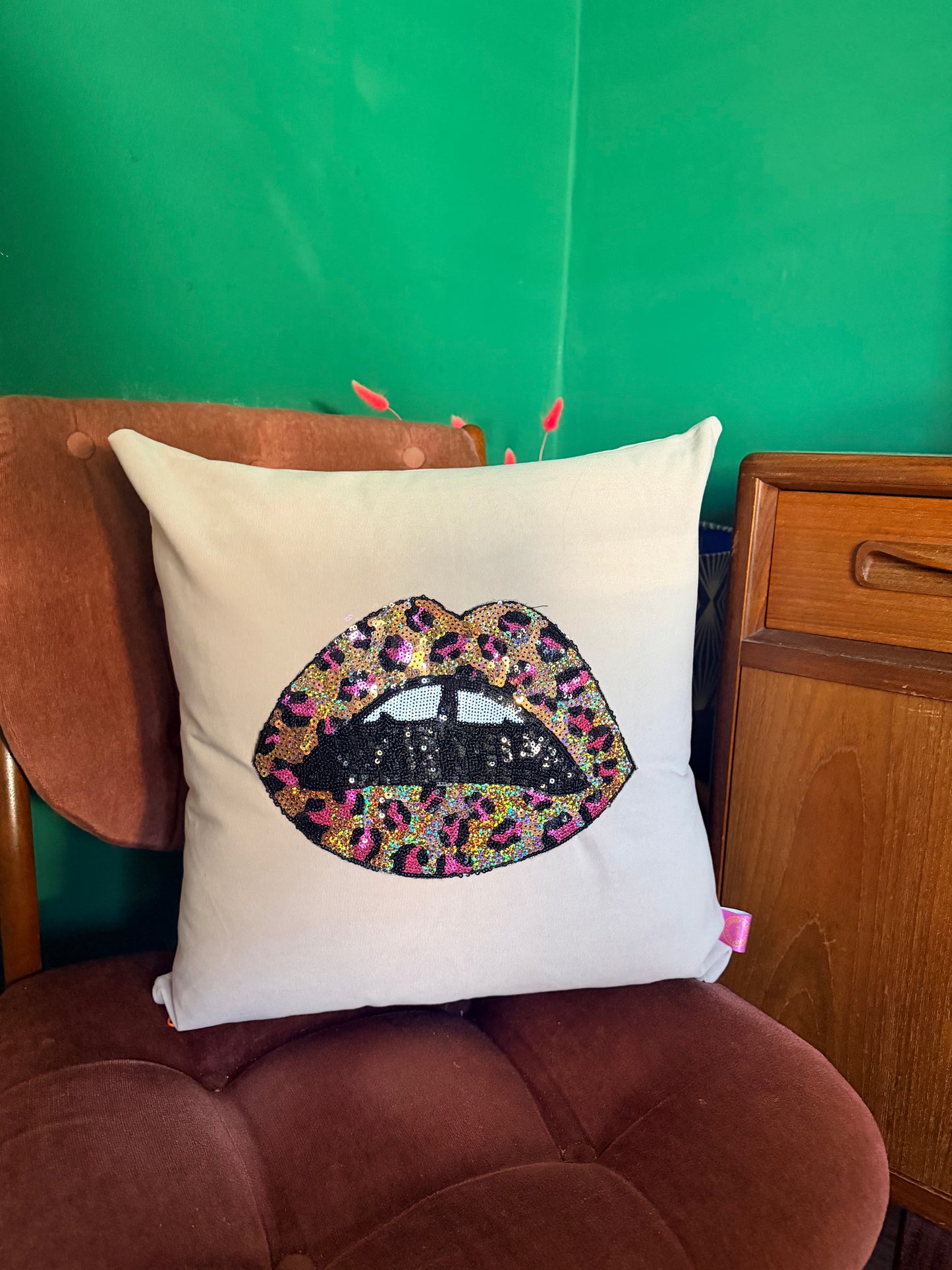 Sequin leopard lips velvet cushion